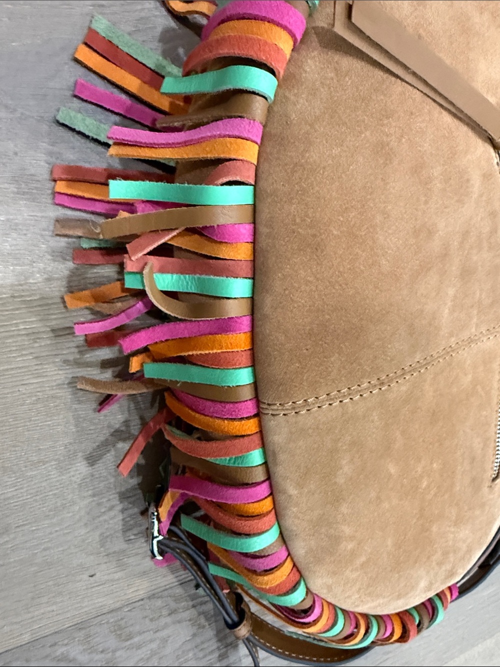 Aimee Leon Dore Tan Suede Shoulder Bag with Pink, Green and Orange Fringe - Picture 4 of 5